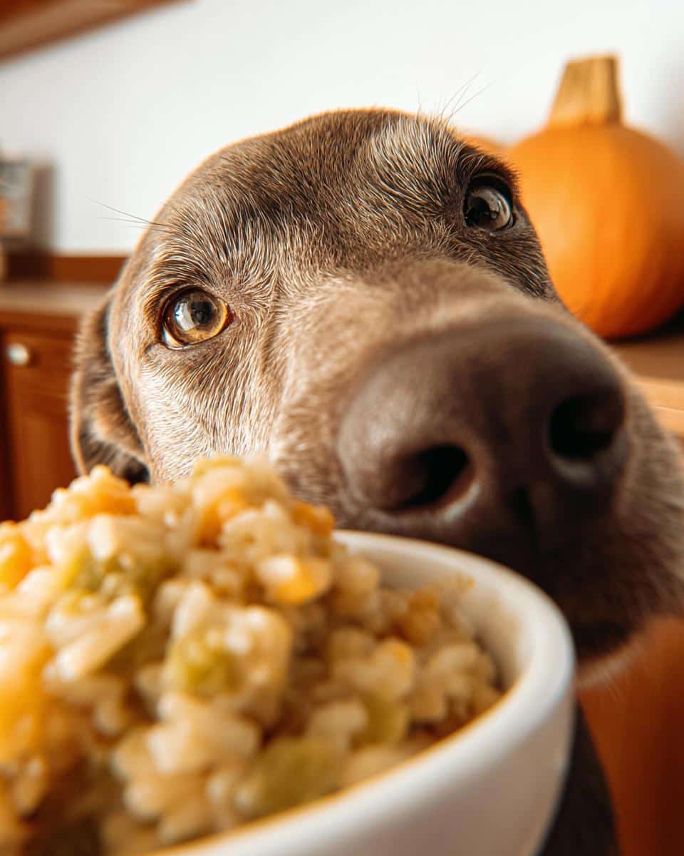 A curious dog's face is close to a bowl of homemade Bison, Rice & Butternut Squash Dog Food.