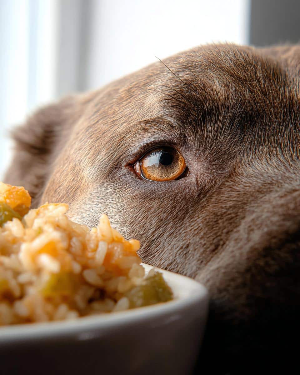 A brown dog's eye peeking over a bowl of homemade Bison, Rice & Butternut Squash Dog Food.