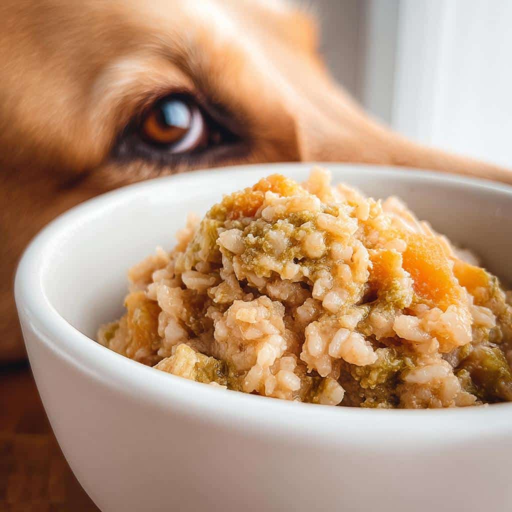 A dog's eye looking intently at a white bowl filled with homemade Bison, Rice & Butternut Squash Dog Food.
