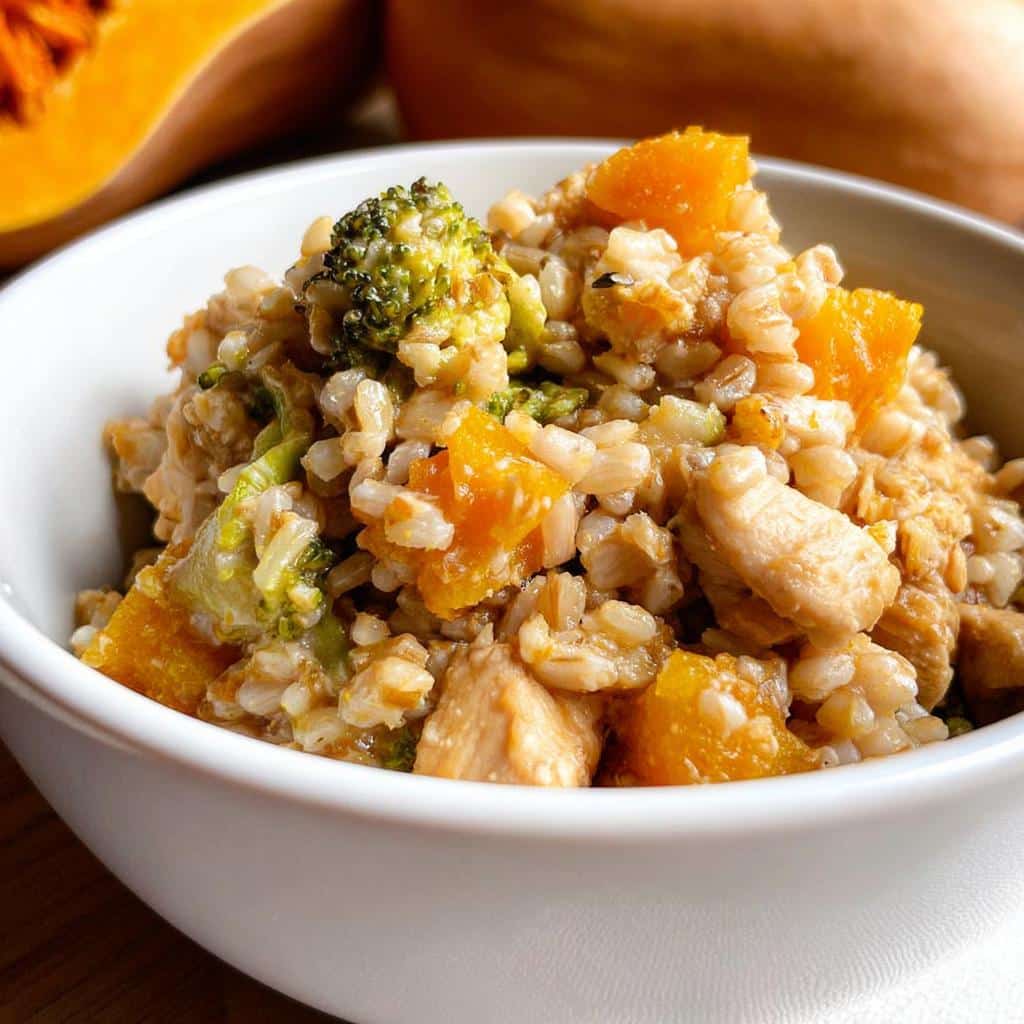 Close-up of a bowl filled with homemade Chicken & Buckwheat Butternut Squash Dog Food, featuring chicken pieces, buckwheat, butternut squash, and broccoli.