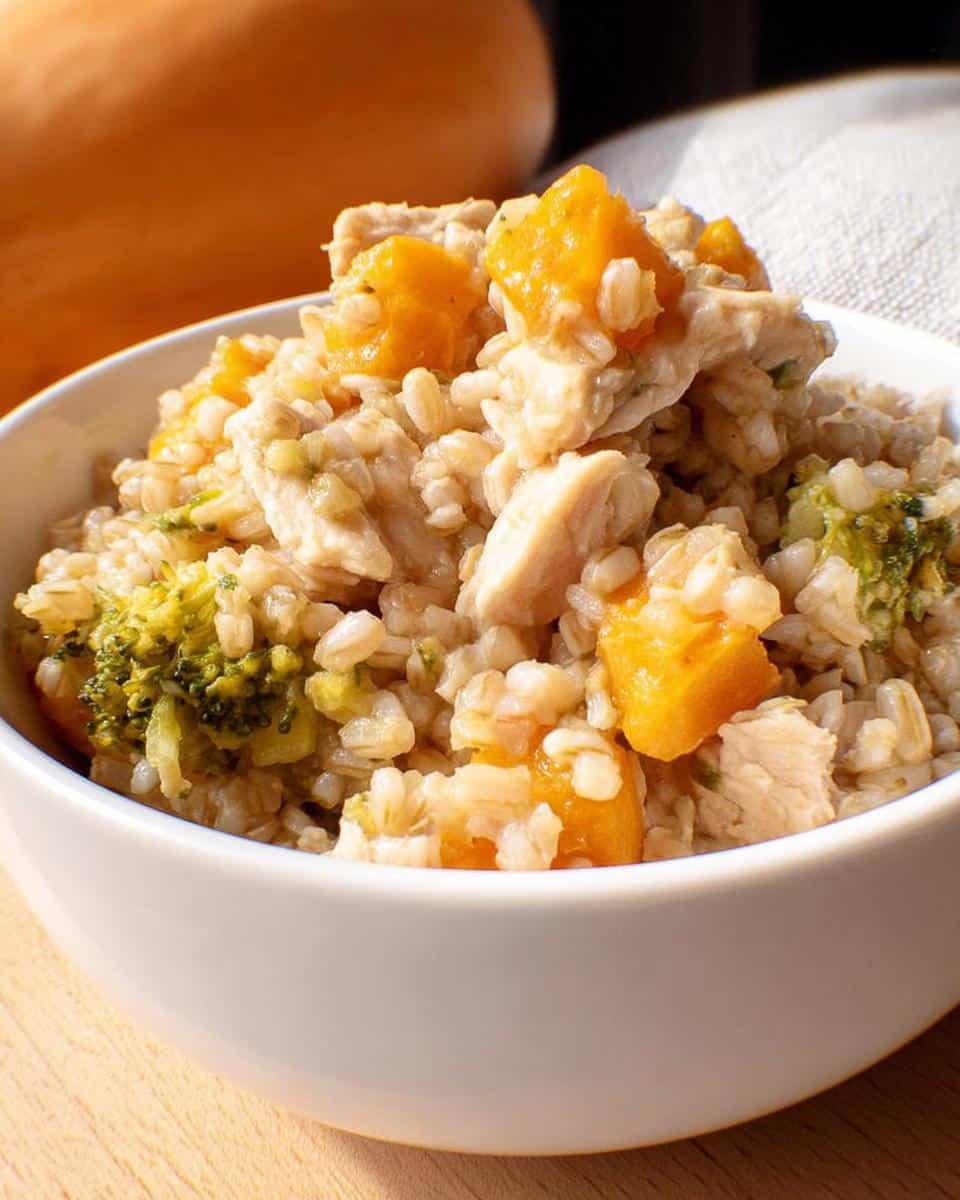 A white bowl filled with homemade dog food, featuring chicken, buckwheat, butternut squash, and broccoli.