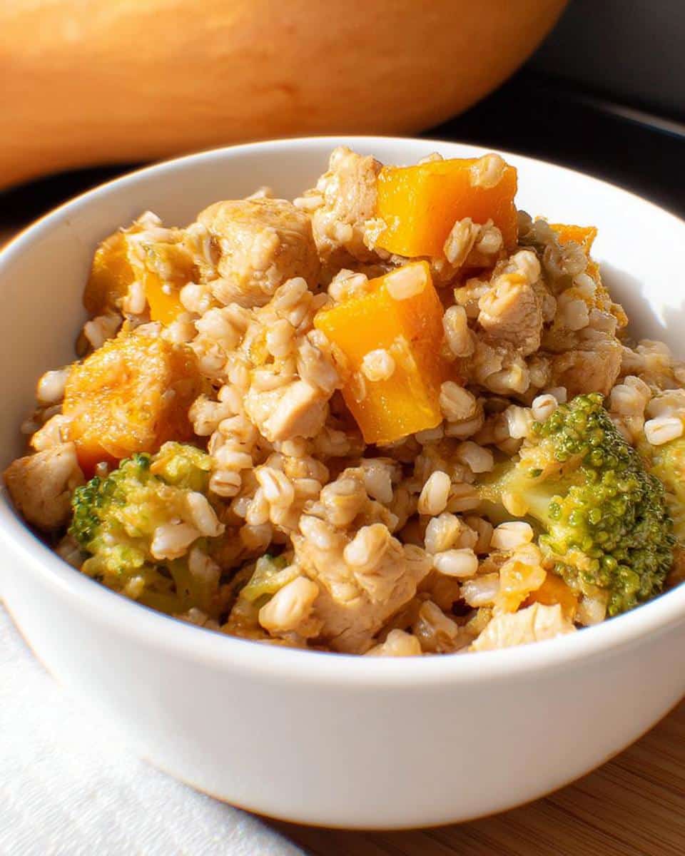 A white bowl filled with a healthy mixture of chicken, buckwheat, butternut squash, and broccoli for a Chicken & Buckwheat Butternut Squash Dog Food Recipe.