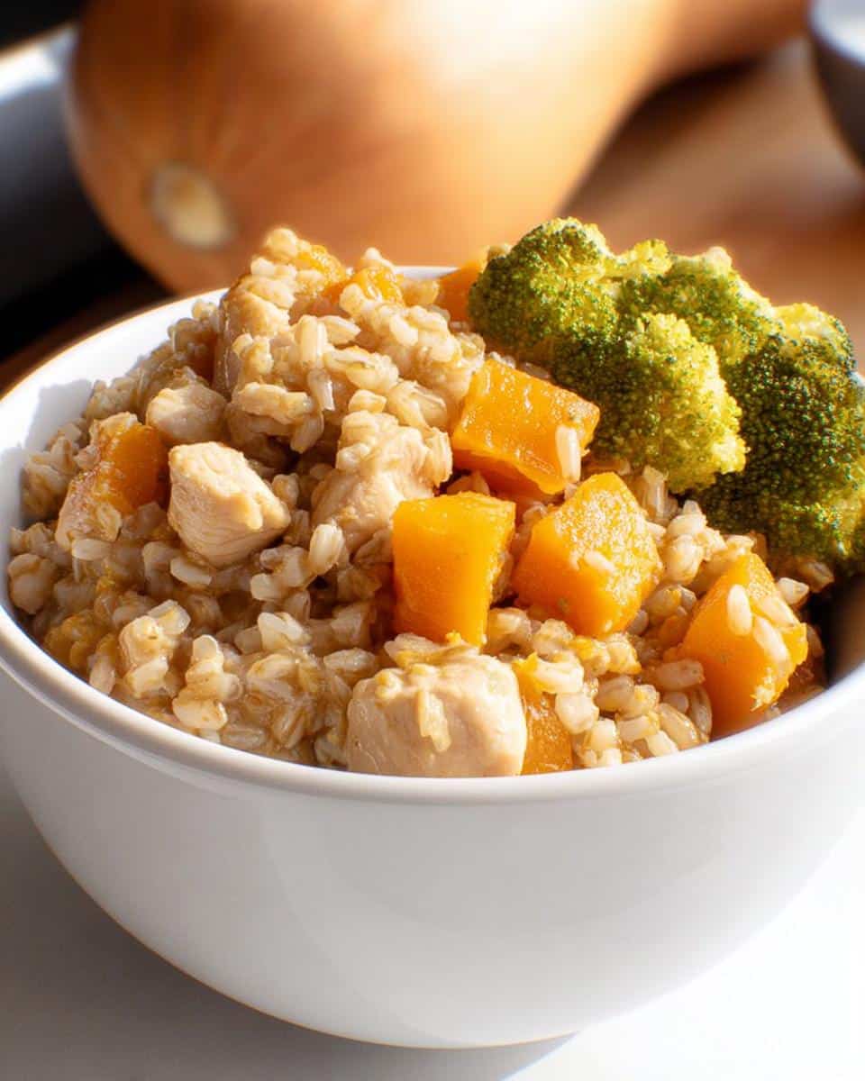 A white bowl filled with homemade dog food featuring chicken, buckwheat, butternut squash, and broccoli.