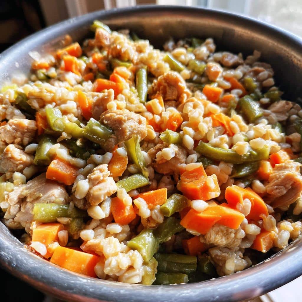 Close-up of homemade dog food with chicken gizzards, barley, green beans, and carrots in a metal bowl.