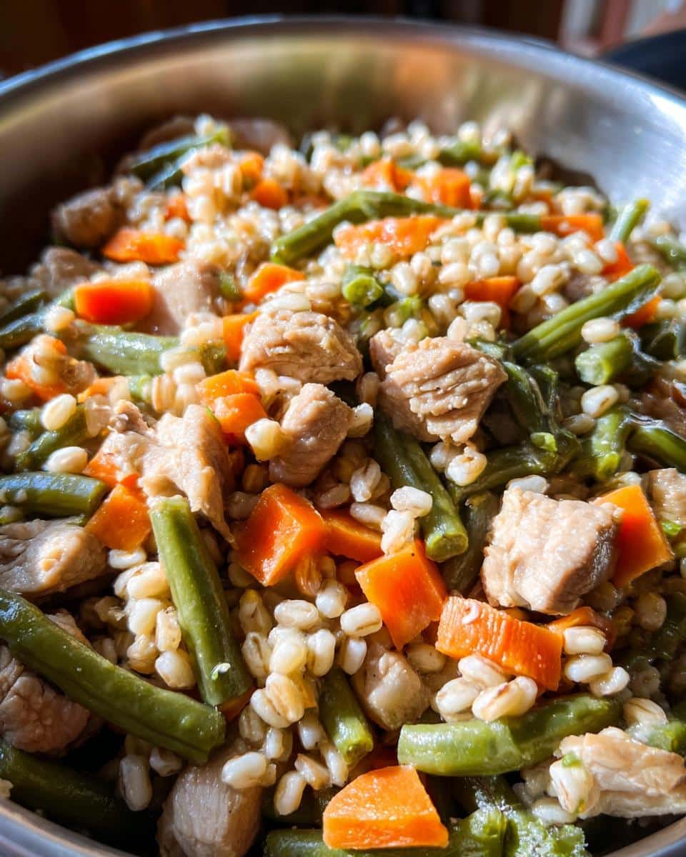 Close-up of homemade dog food with chicken gizzards, barley, green beans, and carrots in a metal bowl.