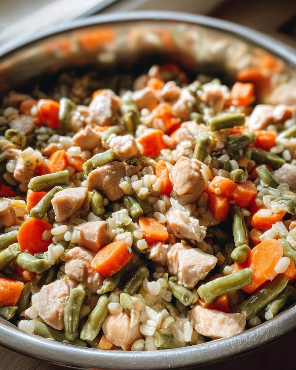 Close-up of homemade dog food with chicken gizzards, barley, green beans, and carrots in a metal bowl.