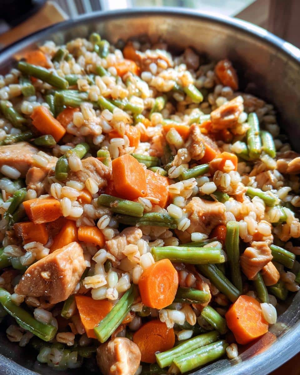Close-up of homemade dog food featuring chicken gizzards, barley, green beans, and carrots.