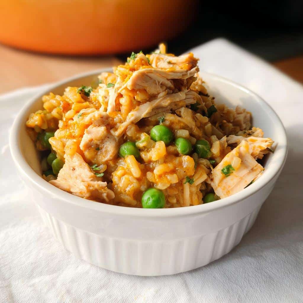 A white bowl filled with homemade Chicken, Pumpkin & White Rice Dog Food, topped with shredded chicken and peas.