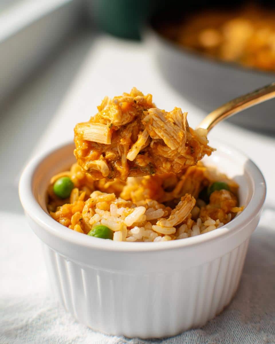 A spoonful of homemade Chicken, Pumpkin & White Rice Dog Food with peas.