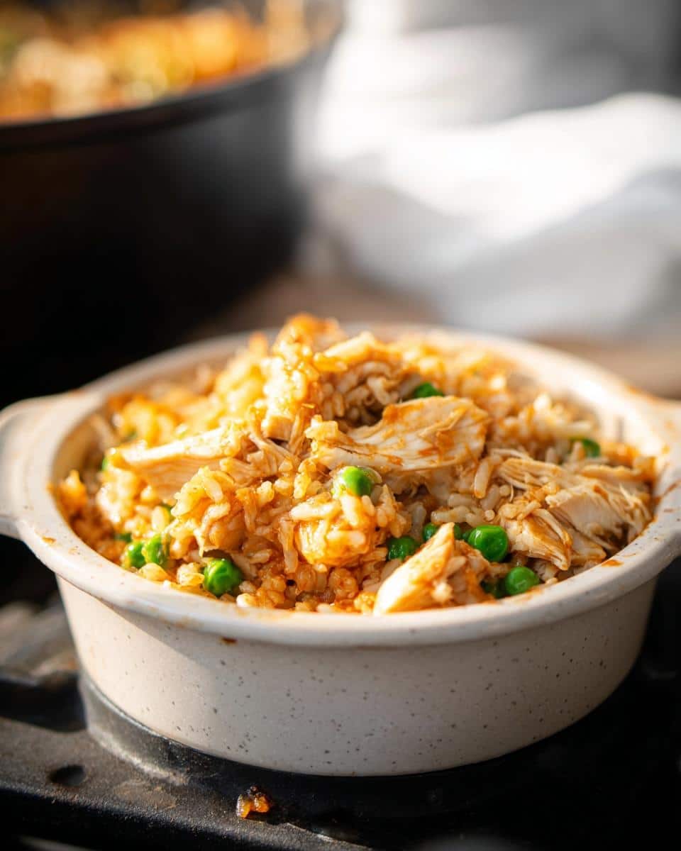 Close-up of a bowl filled with shredded chicken, white rice, and peas, representing Chicken, Pumpkin & White Rice Dog Food.