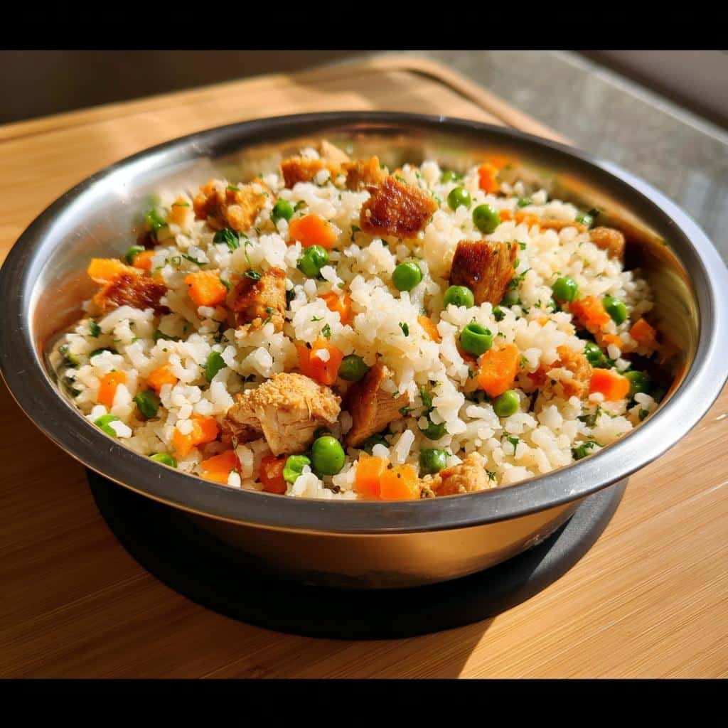 A bowl of homemade Chicken, Rice & Carrot Dog Food, featuring rice, diced carrots, peas, and chicken pieces.