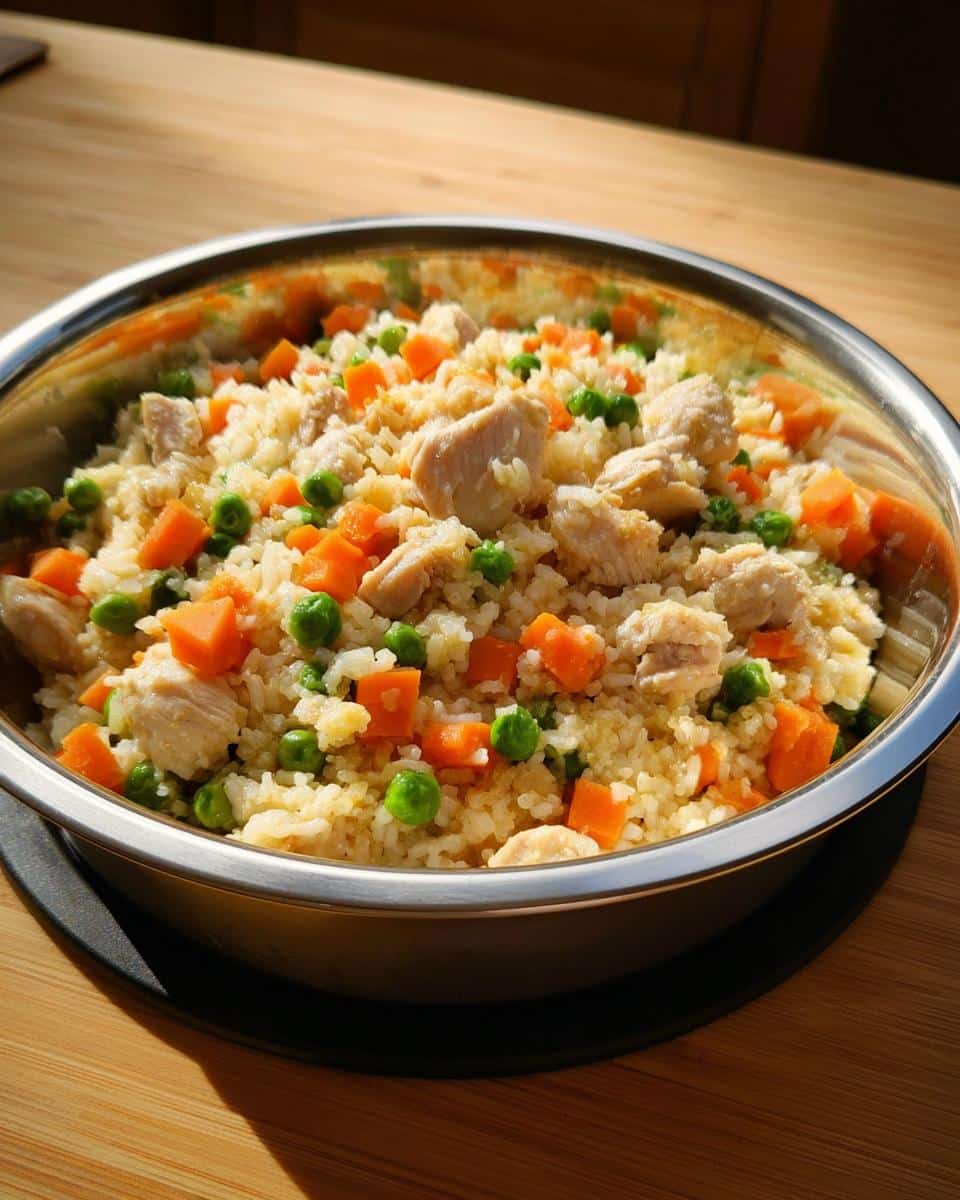 A close-up of a metal bowl filled with homemade Chicken, Rice & Carrot Dog Food, showing chunks of chicken, diced carrots, and peas mixed with rice.