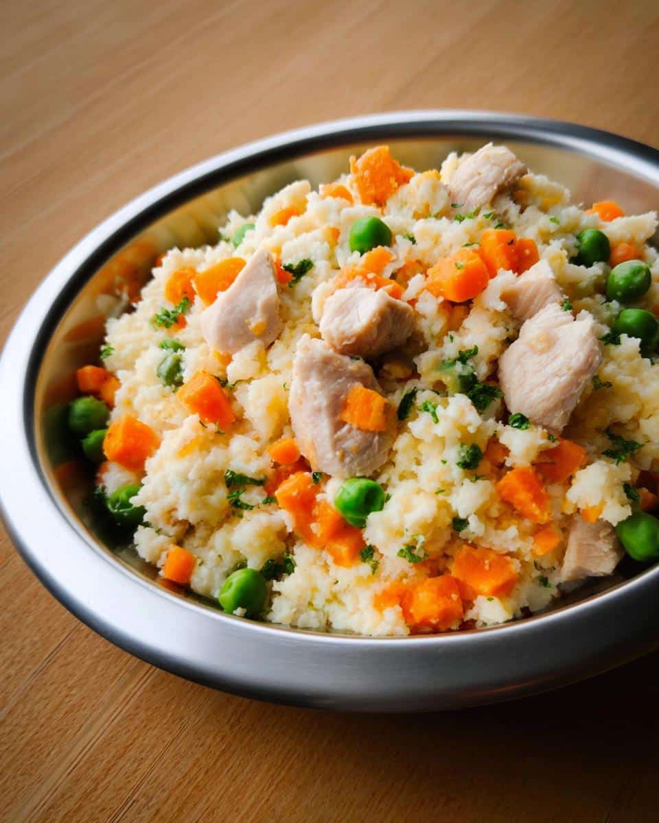 A close-up of homemade Chicken, Rice & Carrot Dog Food in a metal bowl, featuring pieces of chicken, carrots, peas, and rice.