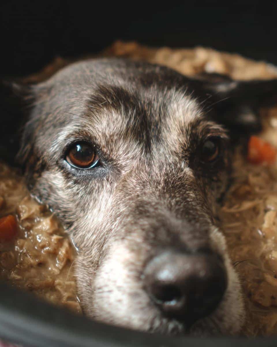 Close-up of a dog's face partially submerged in a bowl of homemade Chicken & Wild Rice Cabbage Dog Food.