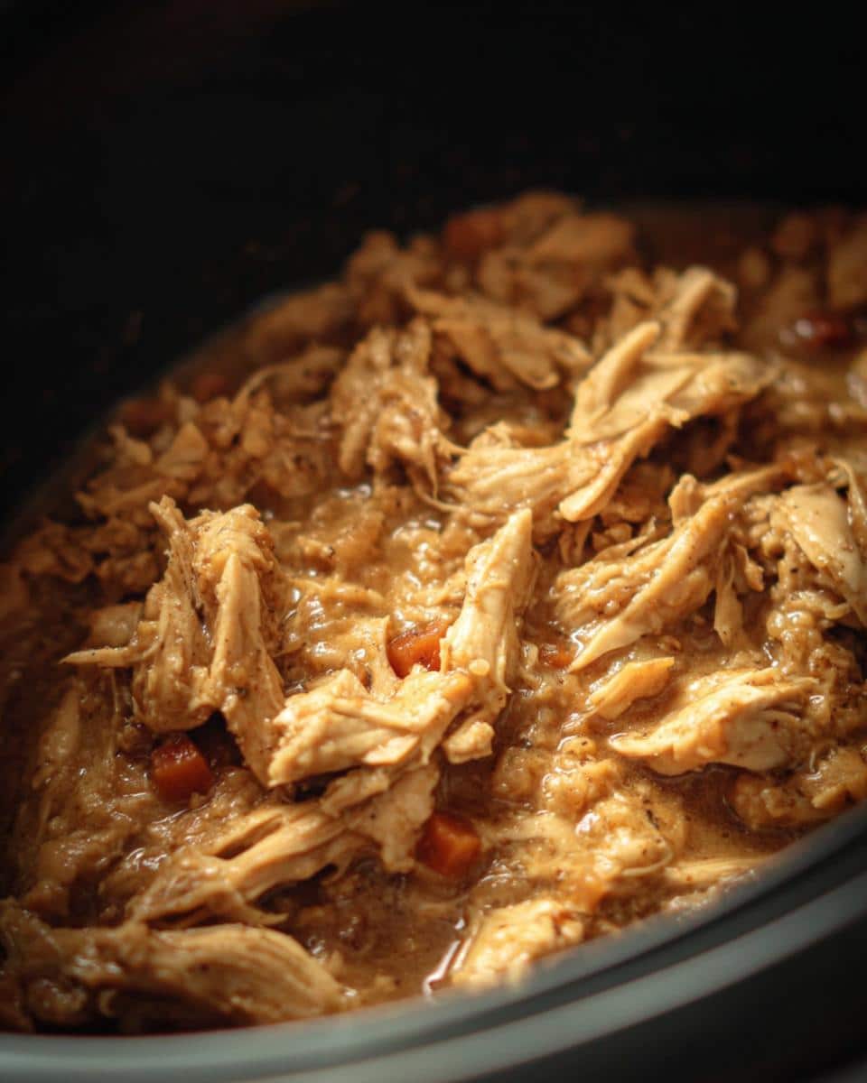 Close-up of shredded chicken with small pieces of carrot in a savory sauce, part of a Chicken & Wild Rice Cabbage Dog Food Recipe.