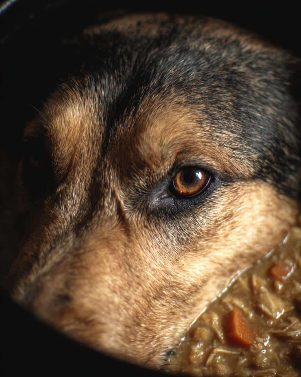 Close-up of a dog's eye looking down at a bowl of homemade Chicken & Wild Rice Cabbage Dog Food.