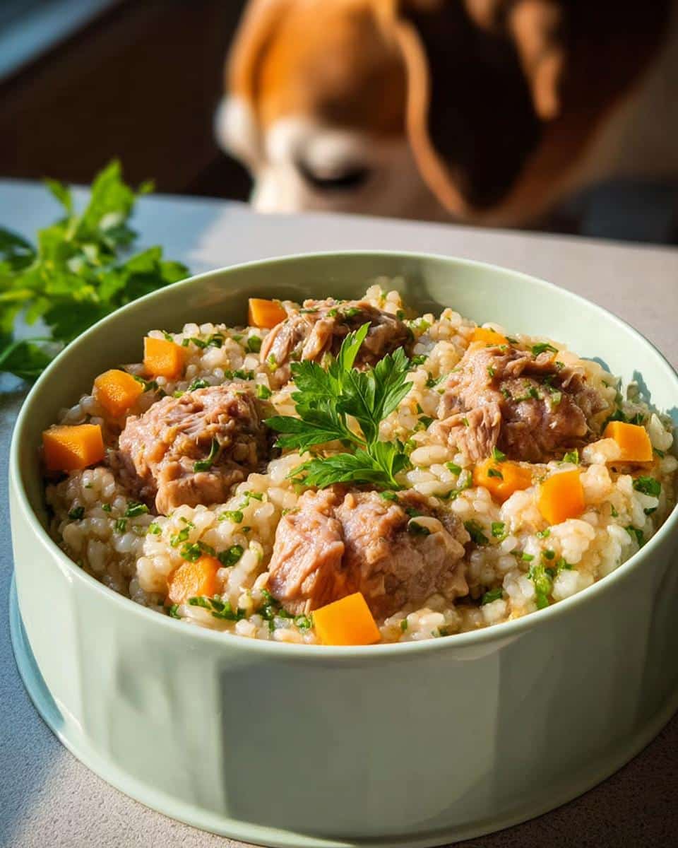 A bowl of homemade Duck, Brown Rice & Carrots Dog Food, topped with duck chunks, carrots, and parsley. A dog is visible in the background.