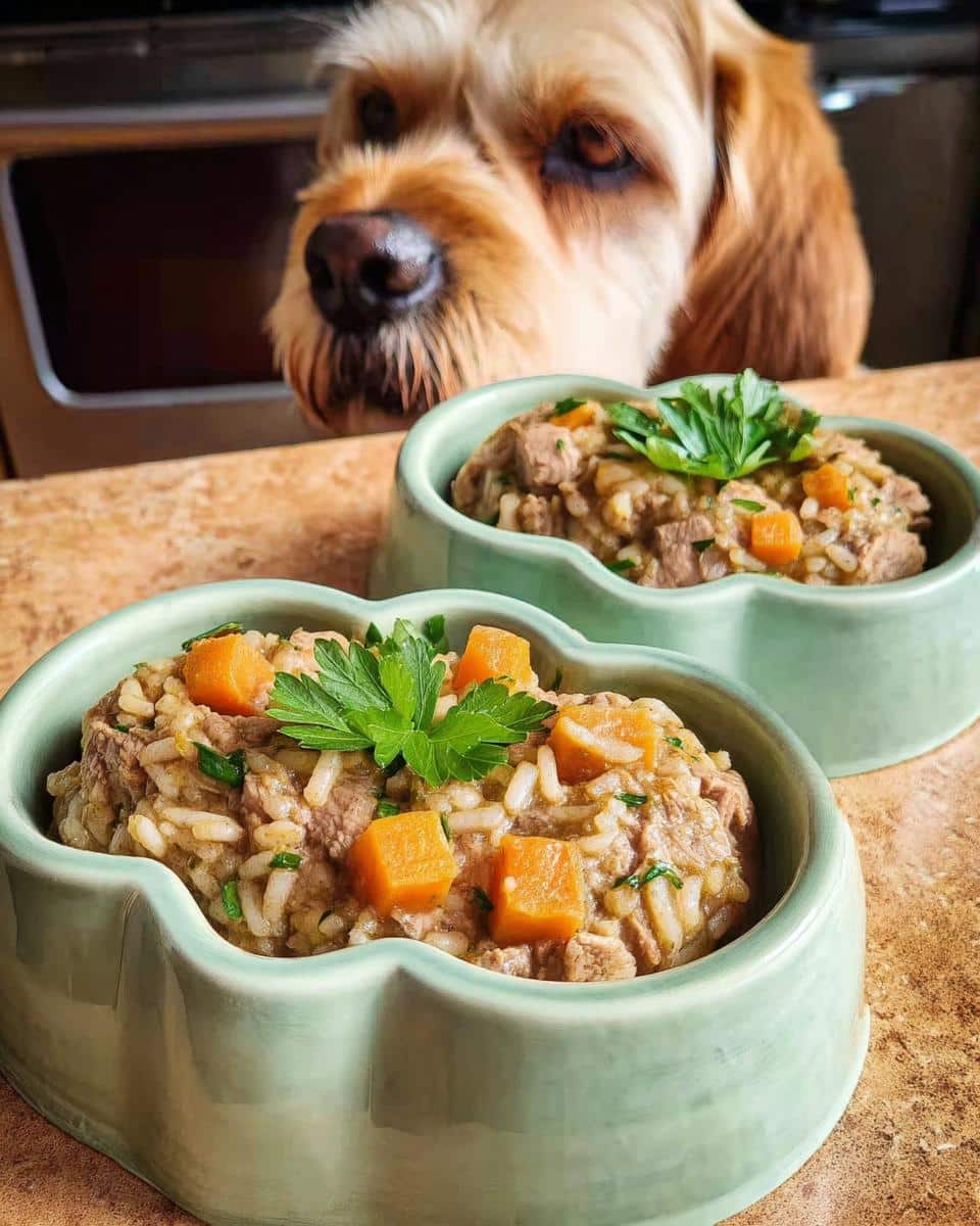 Two bowls of homemade Duck, Brown Rice & Carrots Dog Food, with a dog looking on.