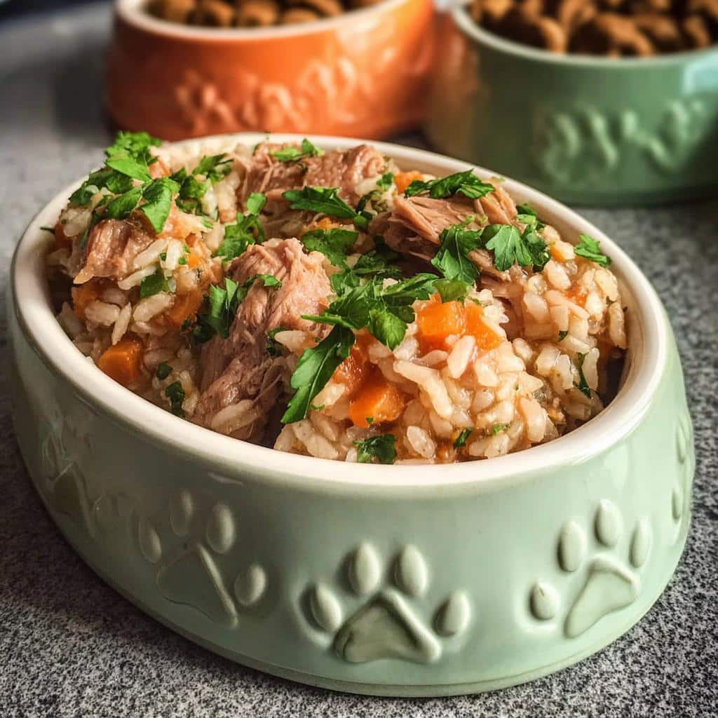 A close-up of a dog food bowl filled with duck, brown rice, and carrots, garnished with parsley.