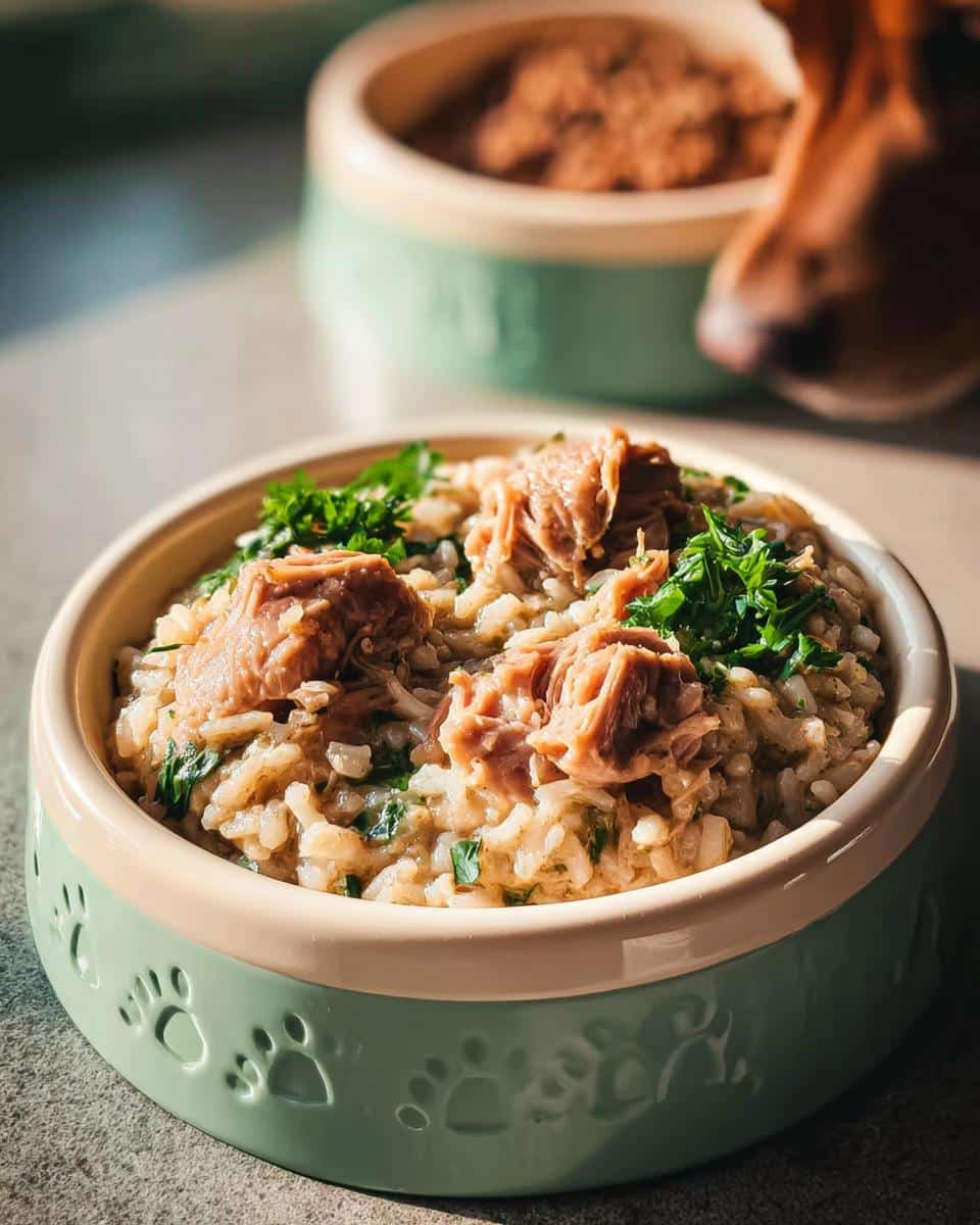 A bowl of homemade Duck, Rice & Spinach Dog Food topped with shredded duck meat and parsley.