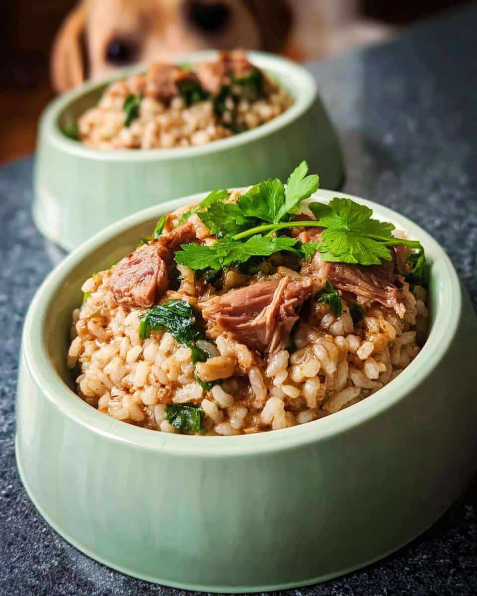 Close-up of a dog bowl filled with Duck, Rice & Spinach Dog Food, garnished with parsley. A dog is visible in the background.