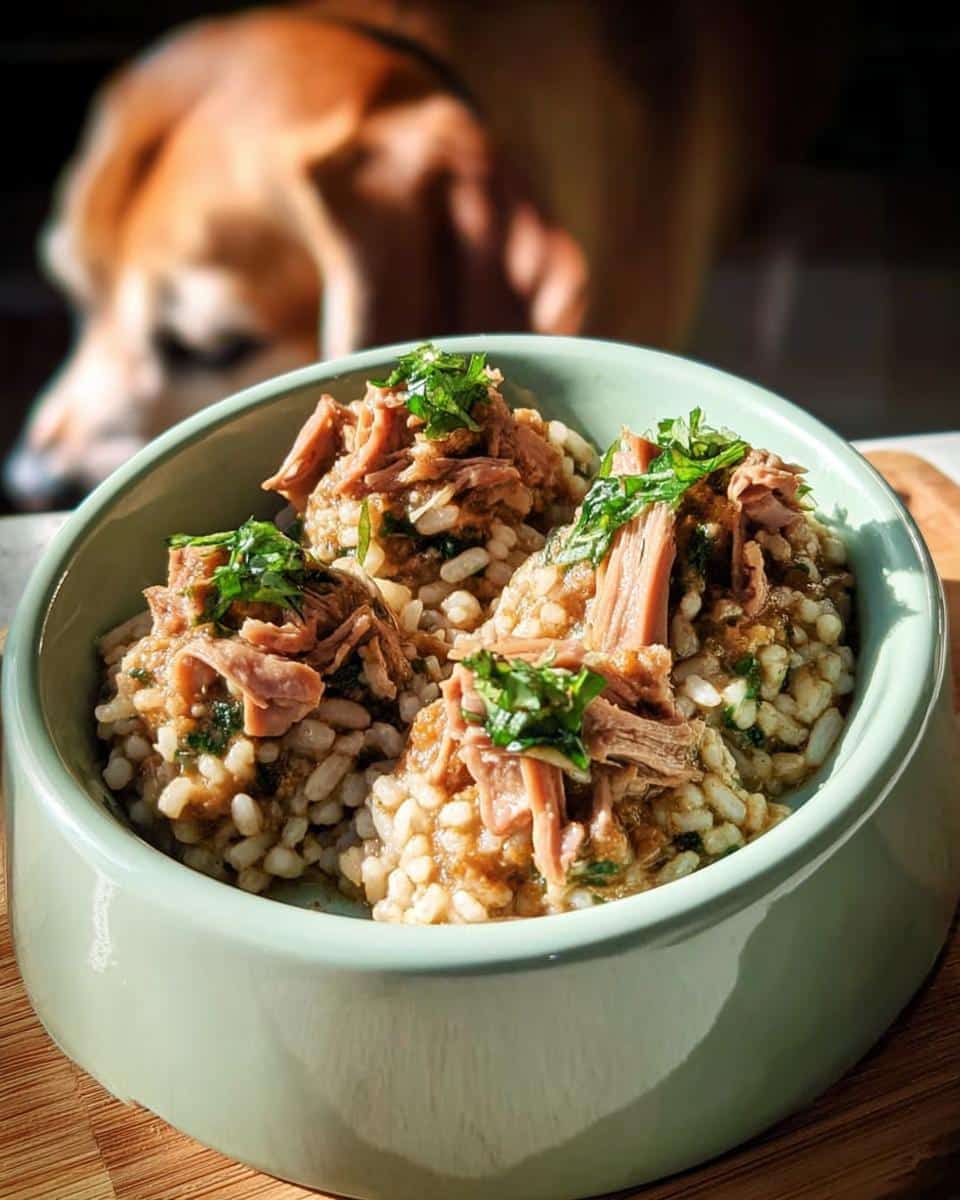 A bowl of homemade Duck, Rice & Spinach Dog Food topped with shredded duck and fresh herbs.