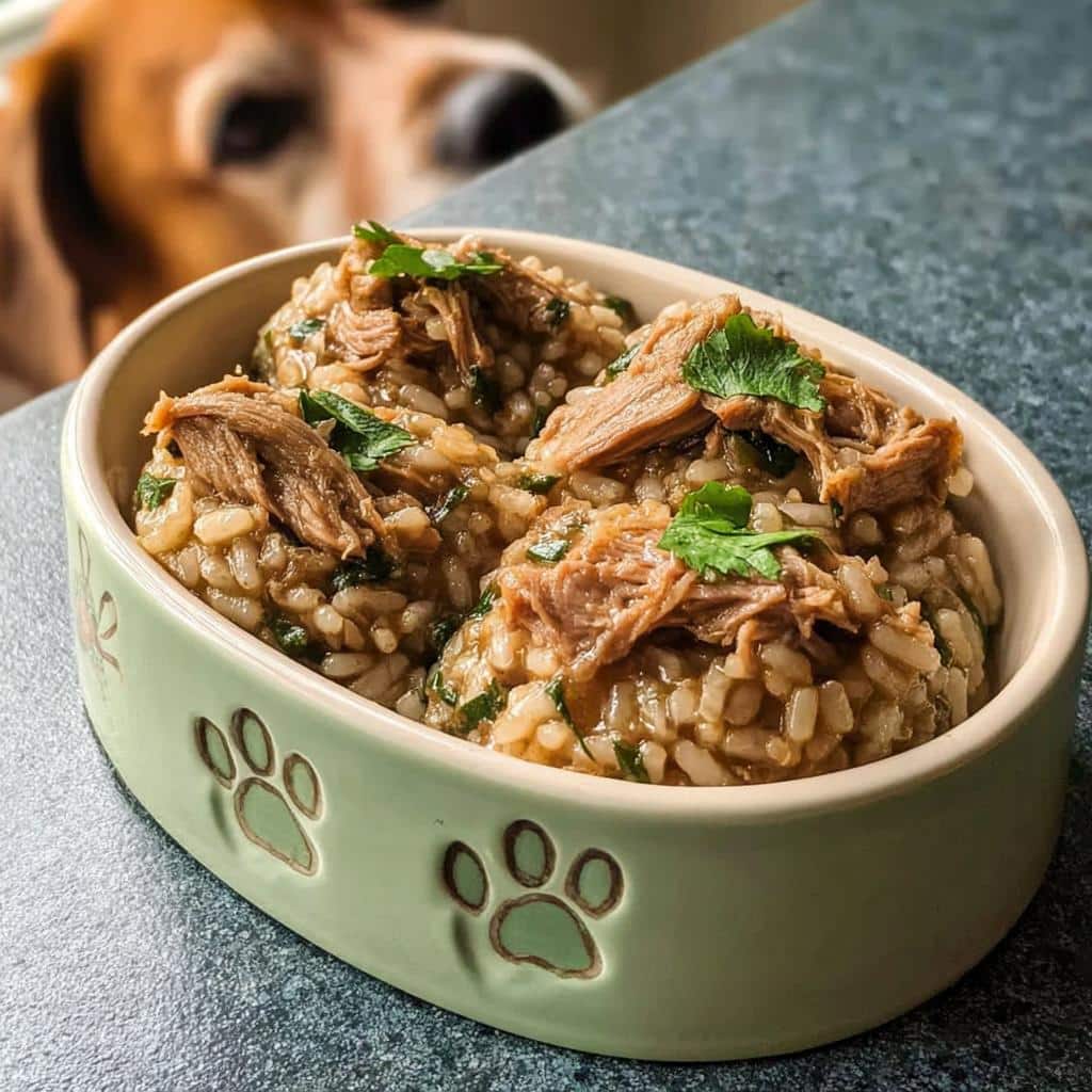 A dog bowl filled with homemade Duck, Rice & Spinach Dog Food, topped with shredded duck and parsley. A dog is blurred in the background.
