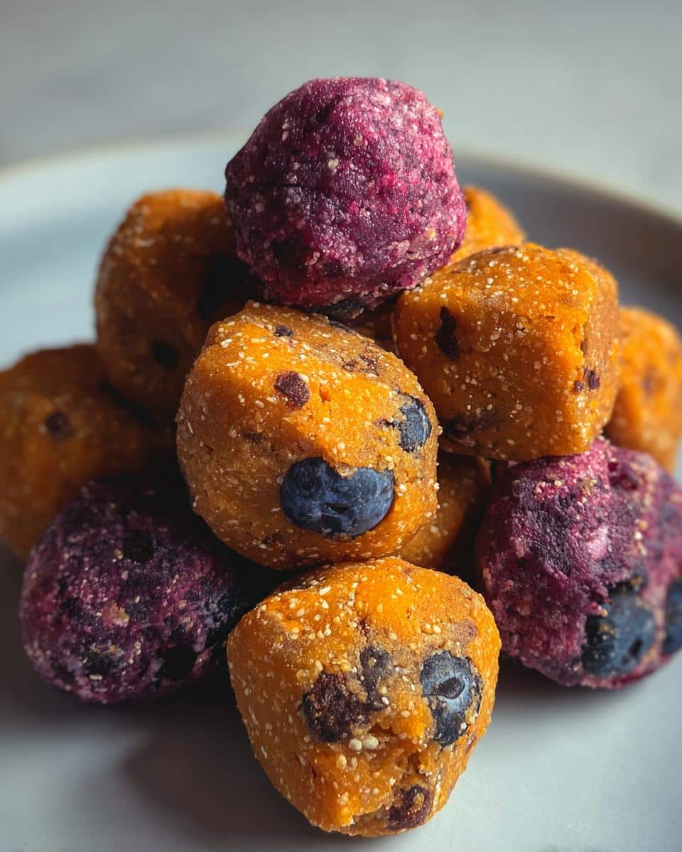 A close-up of homemade dog food bites made with duck, sweet potato, and blueberries, stacked on a plate.