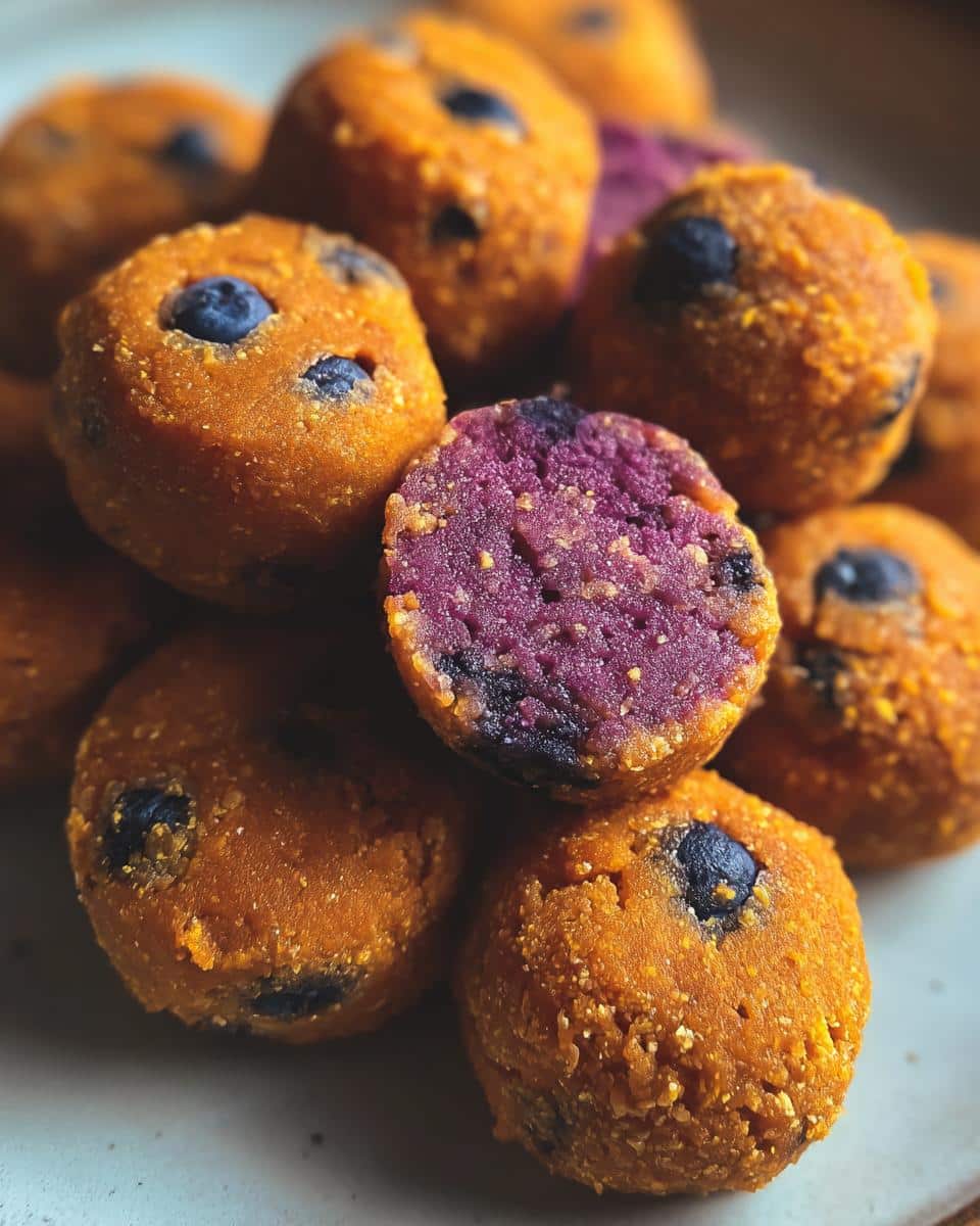 Close-up of homemade dog food bites made with duck, sweet potato, and blueberries. One bite is cut open showing the purple interior.