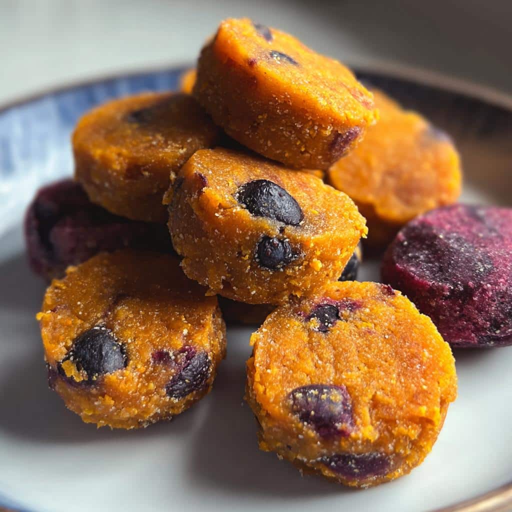 Close-up of homemade dog food bites made with duck, sweet potato, and blueberries, stacked on a plate.