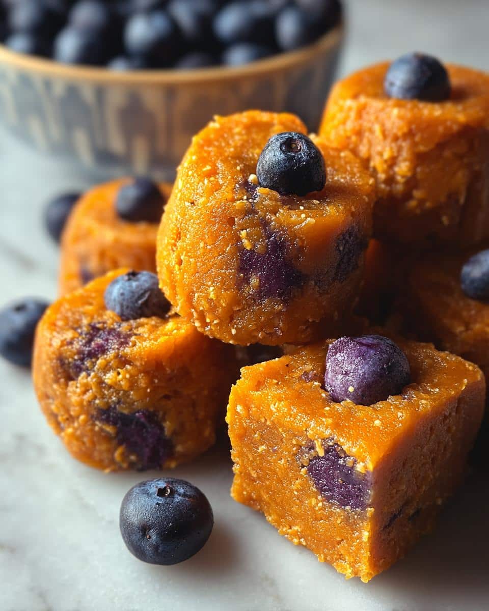 Homemade dog treats made with duck, sweet potato, and blueberries, topped with fresh blueberries.