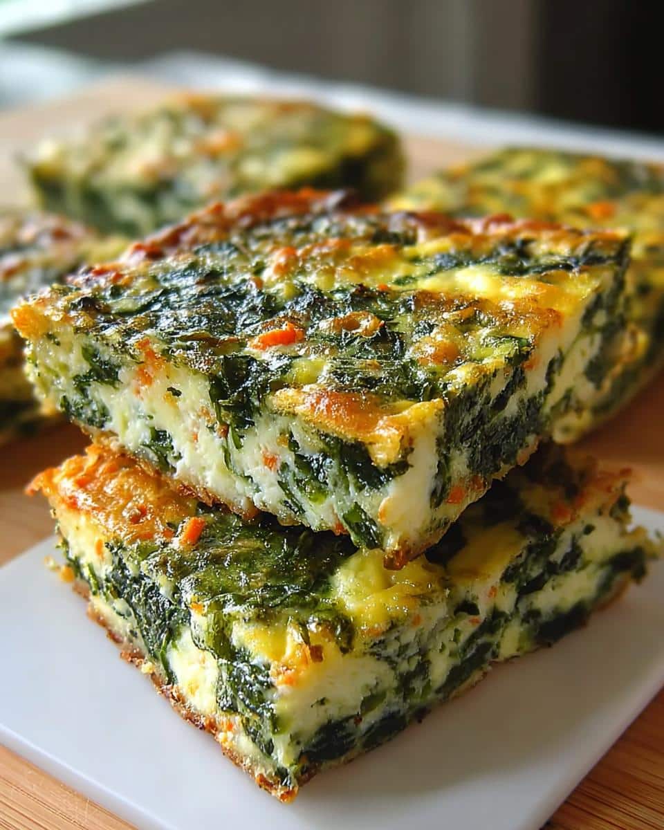 Close-up of stacked slices of homemade dog food made with egg, quinoa, and spinach.