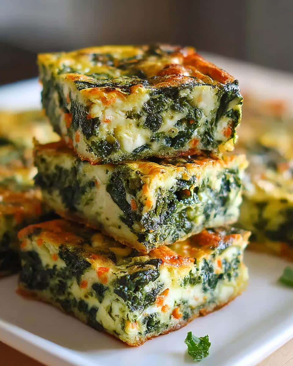 Stack of three square-cut portions of homemade dog food made with egg, quinoa, and spinach.