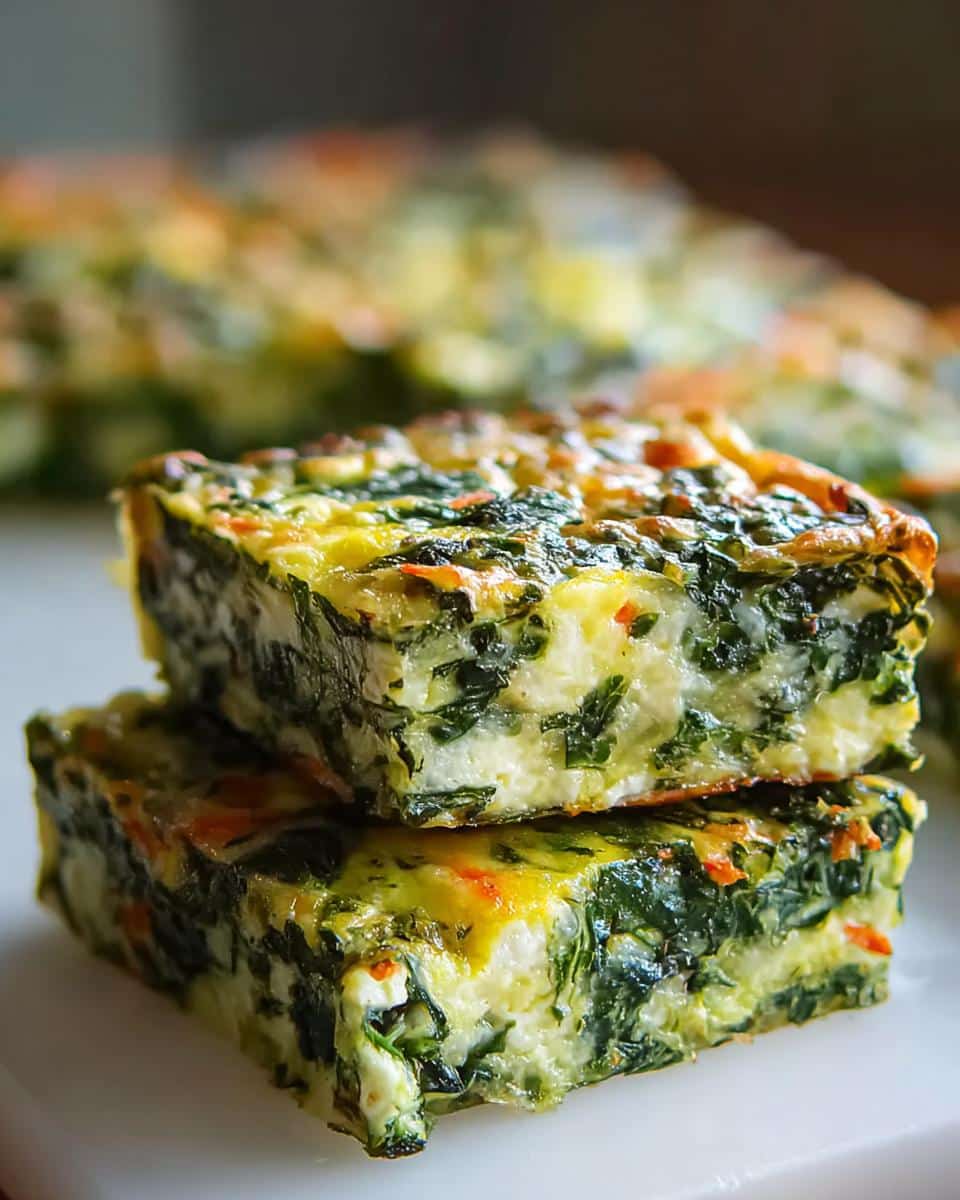 Two squares of homemade dog food made with egg, quinoa, and spinach, stacked on a white surface.