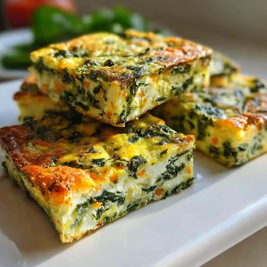 Close-up of stacked squares of homemade dog food featuring egg, quinoa, and spinach.