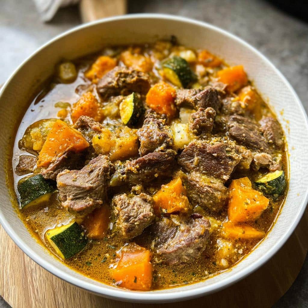 A close-up of a bowl filled with homemade Goat, Oatmeal & Carrots Dog Food stew, featuring tender chunks of goat meat, diced carrots, and zucchini in a savory broth.
