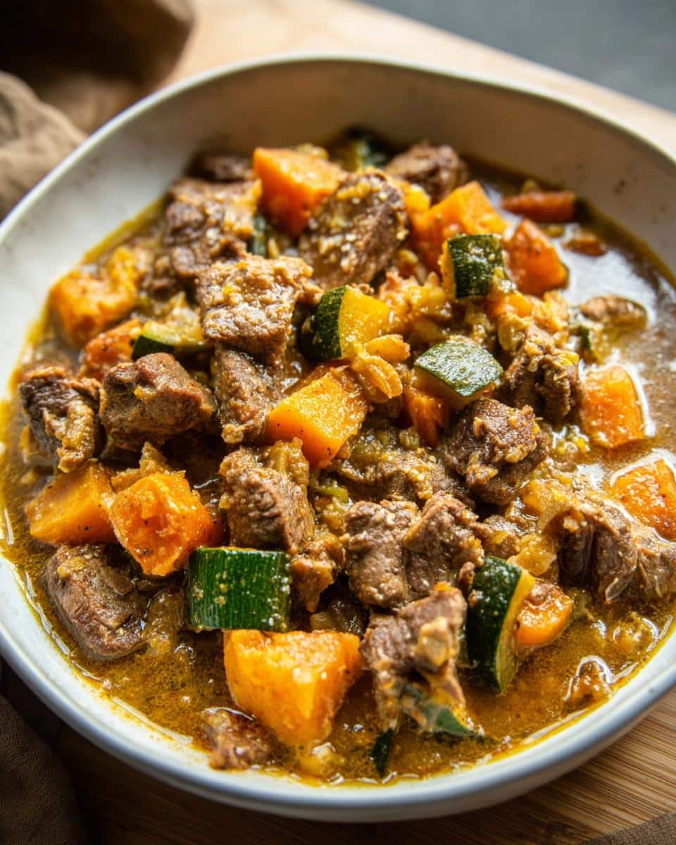 A close-up of a bowl of homemade dog food featuring chunks of goat meat, oatmeal, and carrots in a savory broth.