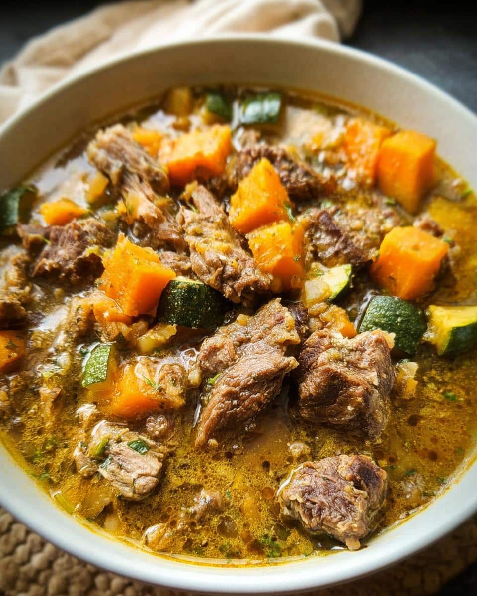 Close-up of a bowl of homemade dog food featuring chunks of goat meat and vegetables.