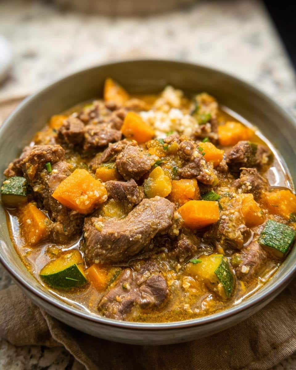 A bowl of homemade dog food featuring chunks of goat meat, carrots, and zucchini in a savory broth.