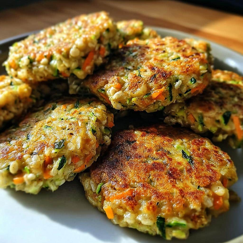 Close-up of golden-brown patties made with goat, oatmeal, and zucchini for dog food.