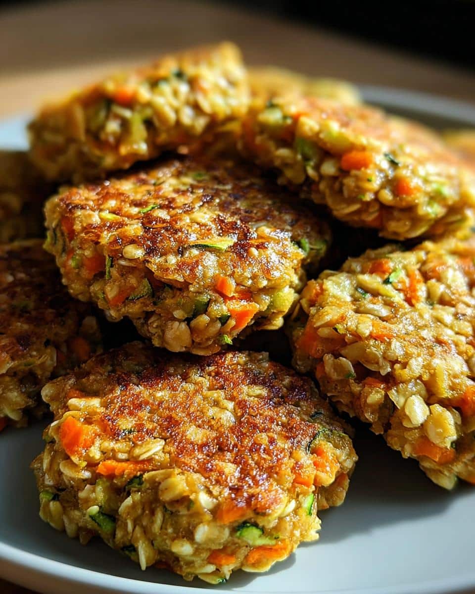 Close-up of golden-brown patties made from goat, oatmeal, and zucchini, perfect for homemade dog food.
