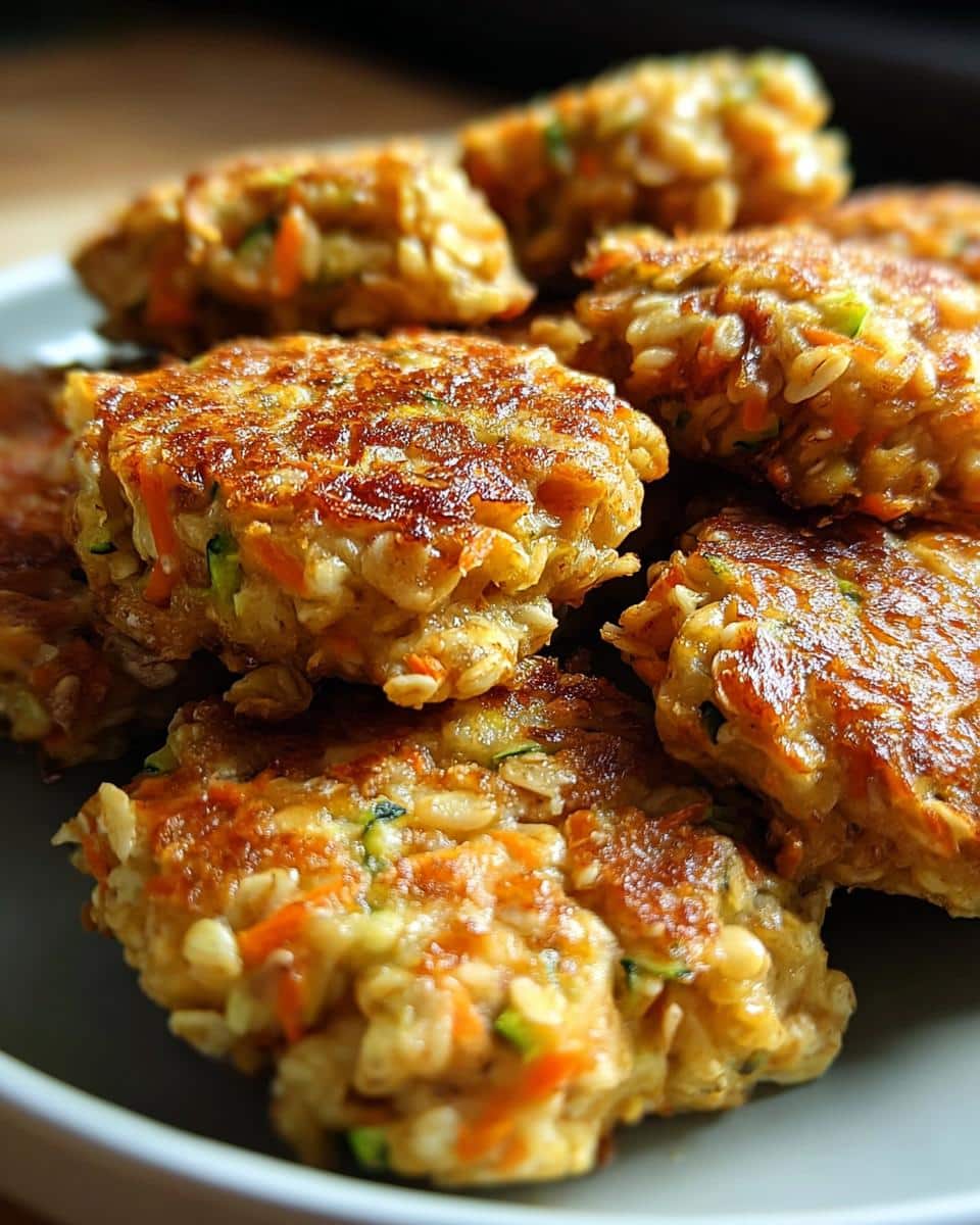 Close-up of golden-brown patties made with goat, oatmeal, and zucchini for dog food.