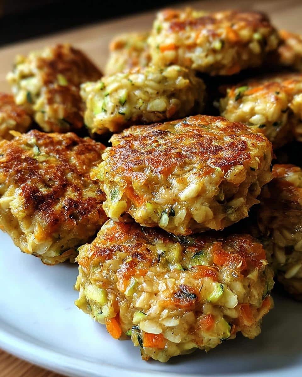 Close-up of golden-brown patties made with goat, oatmeal, and zucchini, perfect for dog food.