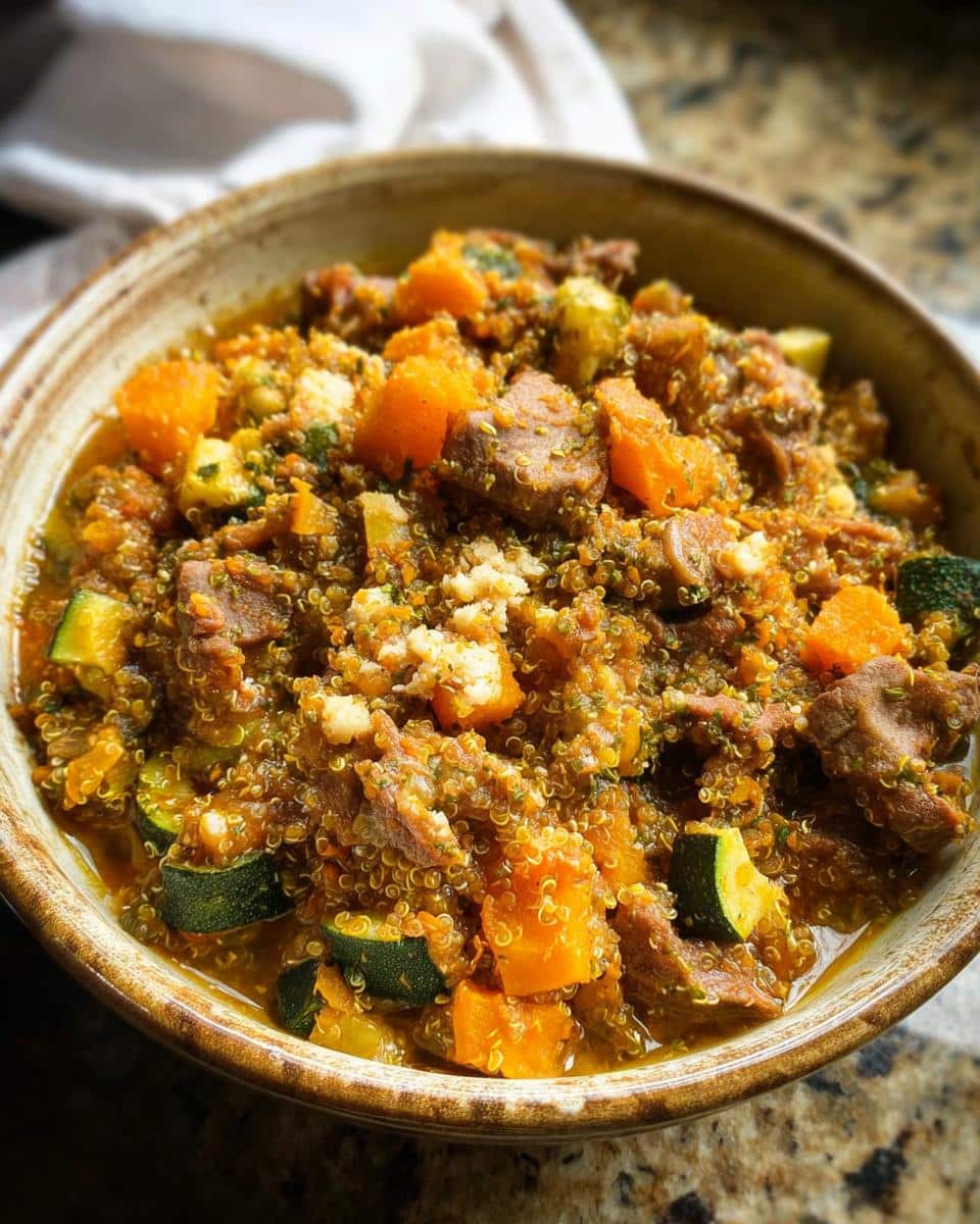 A close-up of a bowl filled with homemade Goat, Quinoa & Beets Dog Food, featuring chunks of meat, quinoa, and vegetables.