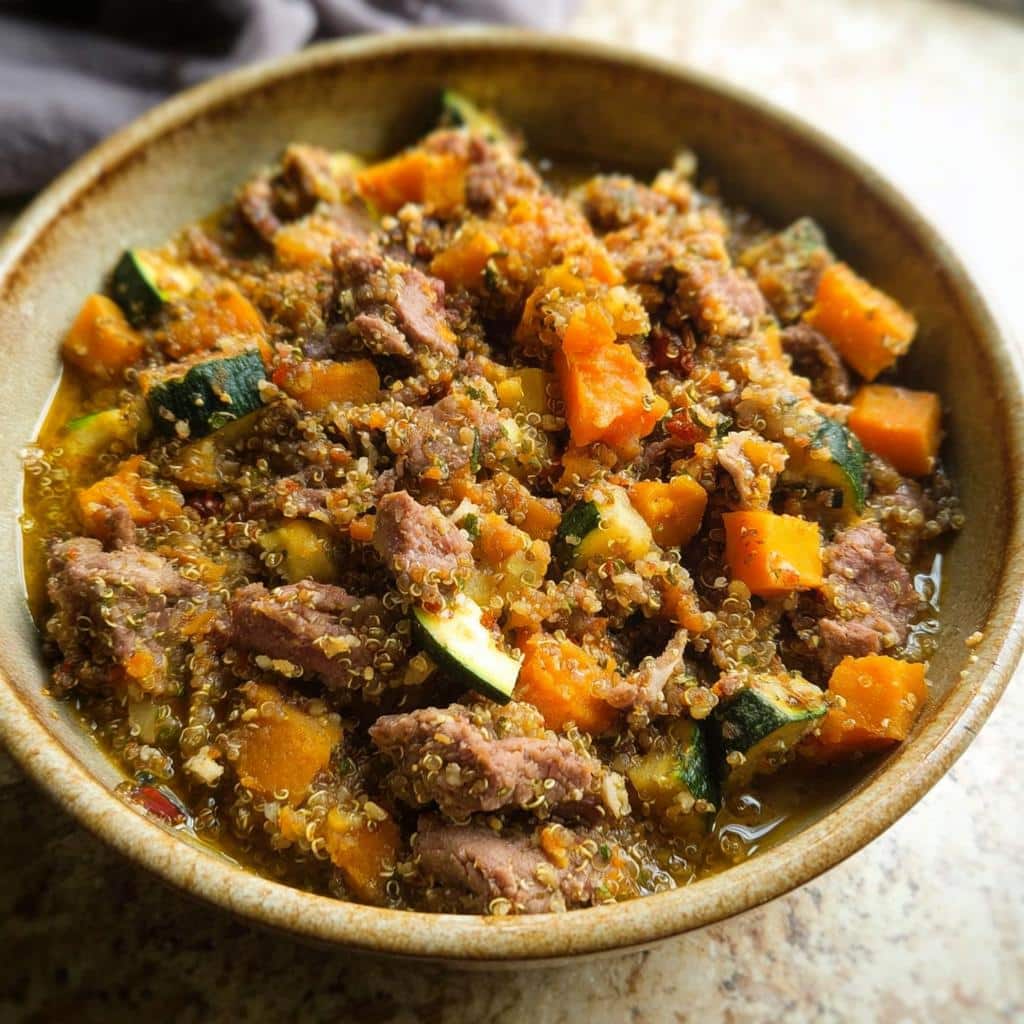 A close-up of a bowl filled with homemade Goat, Quinoa & Beets Dog Food, showing chunks of meat, quinoa, and vegetables.