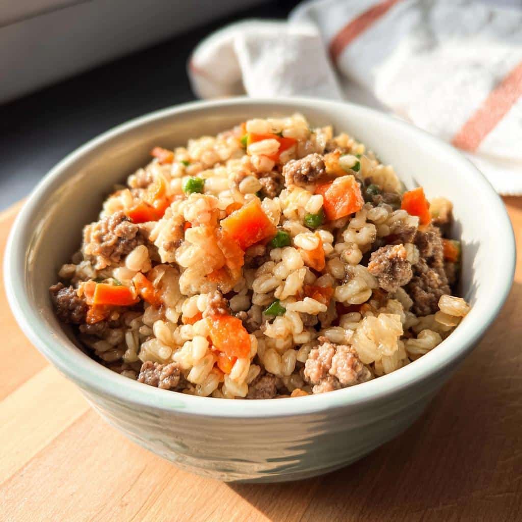 A bowl of homemade Lamb, Barley & Peas Dog Food, featuring ground lamb, barley, carrots, and peas.