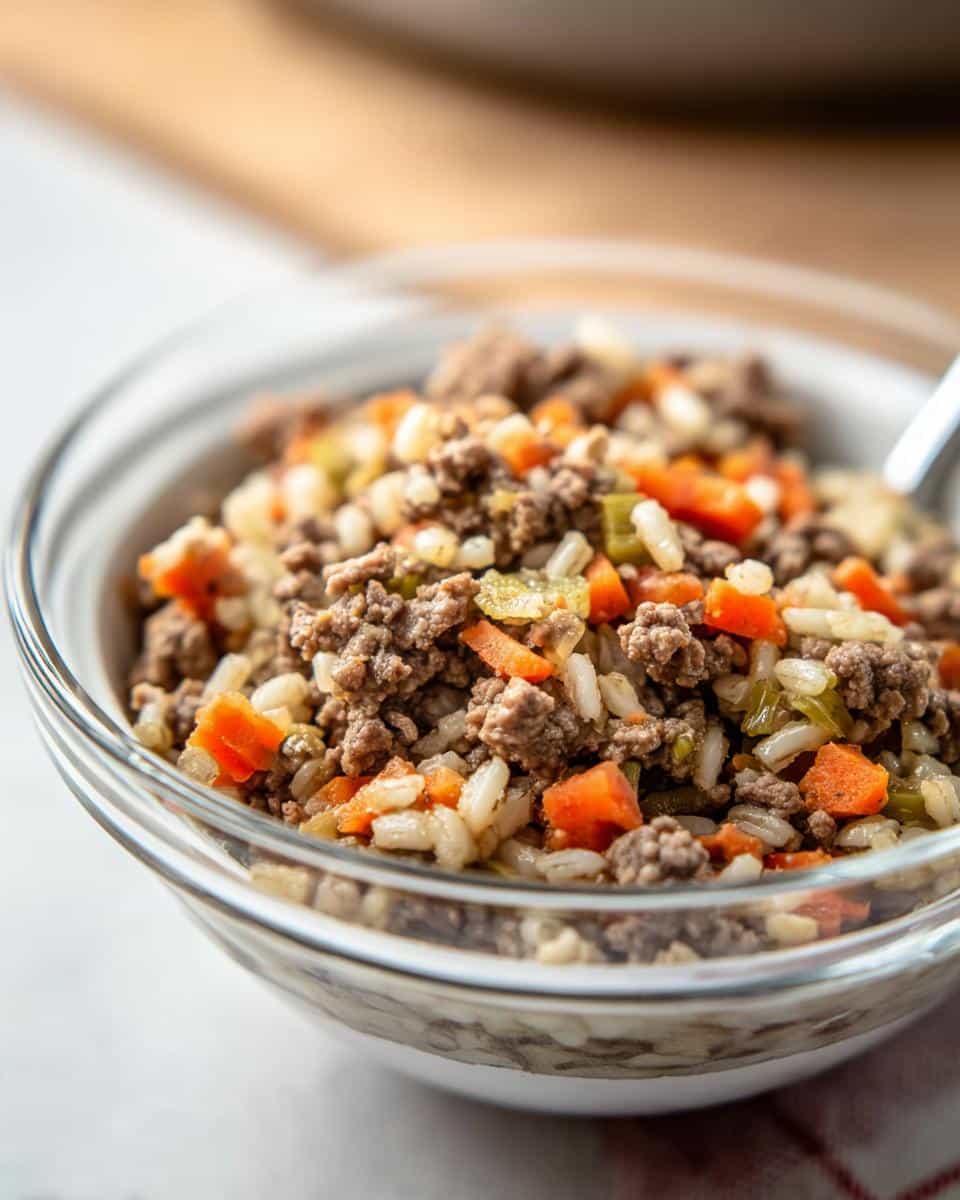 Close-up of homemade Lamb, Barley & Peas Dog Food in a clear bowl, showing ground lamb, rice, carrots, and celery.