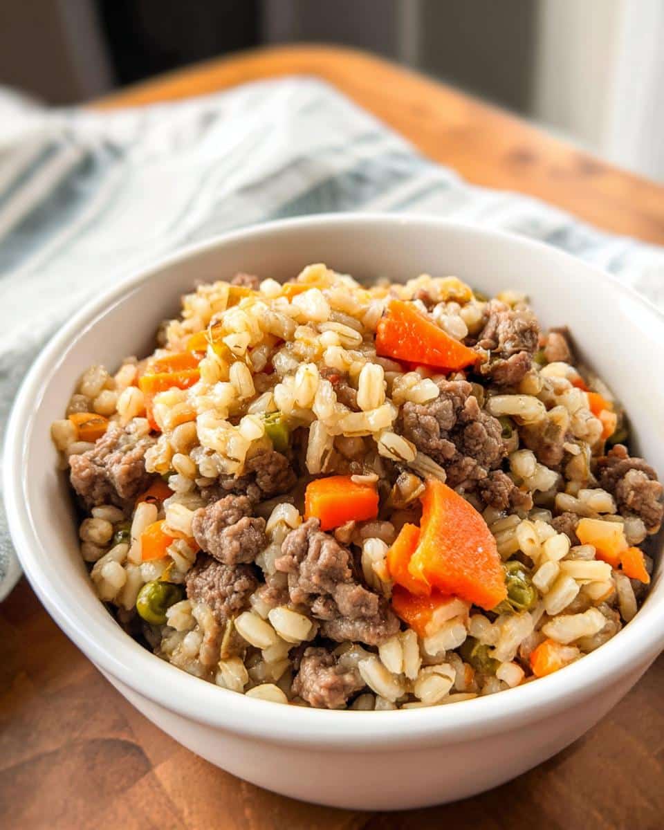 Close-up of a white bowl filled with homemade Lamb, Barley & Peas Dog Food, showing ground lamb, barley, peas, and carrots.