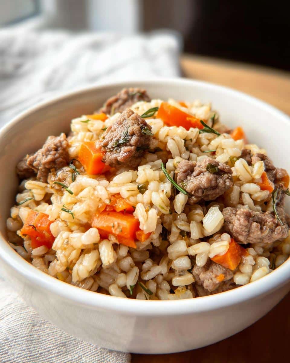 A close-up of a white bowl filled with homemade Lamb, Barley & Peas Dog Food, featuring chunks of lamb, barley grains, and diced carrots.