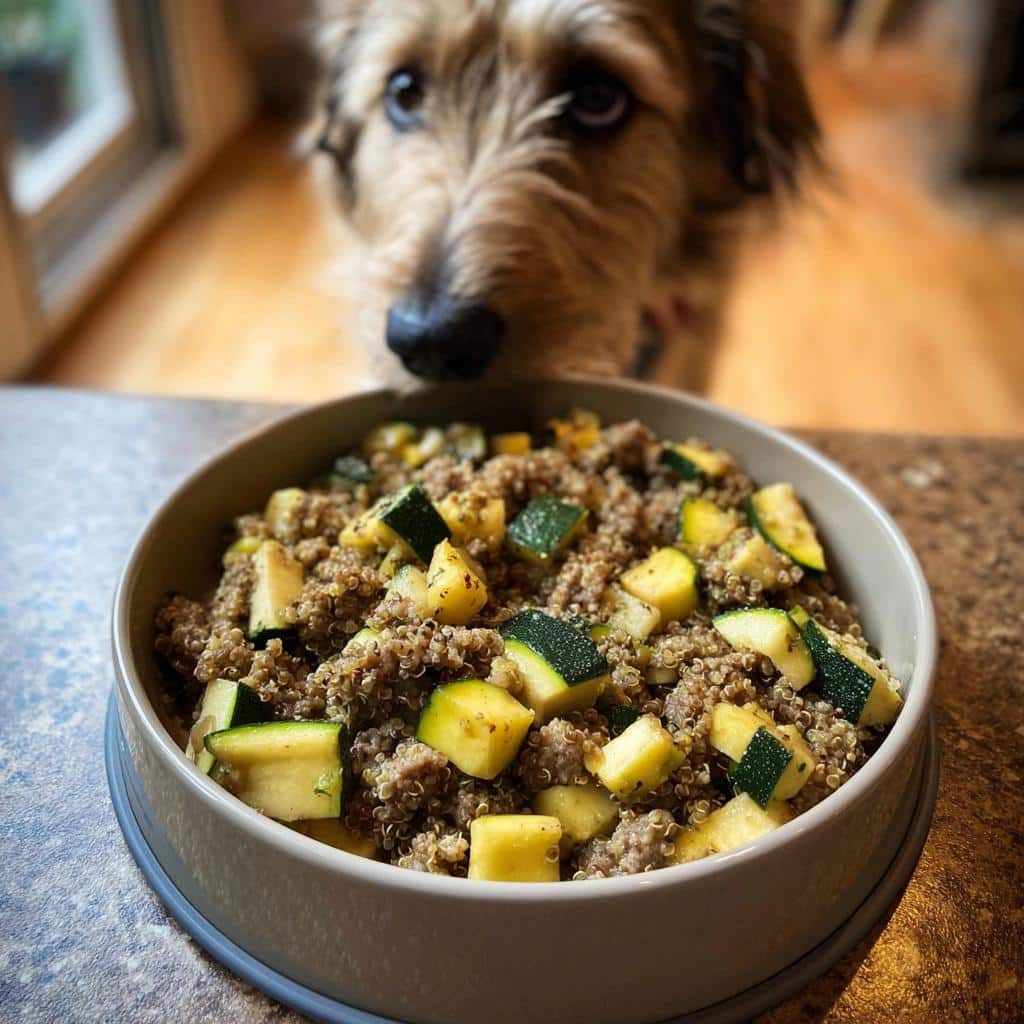 A bowl of homemade Lamb, Oats & Zucchini Dog Food with a dog looking intently at it.